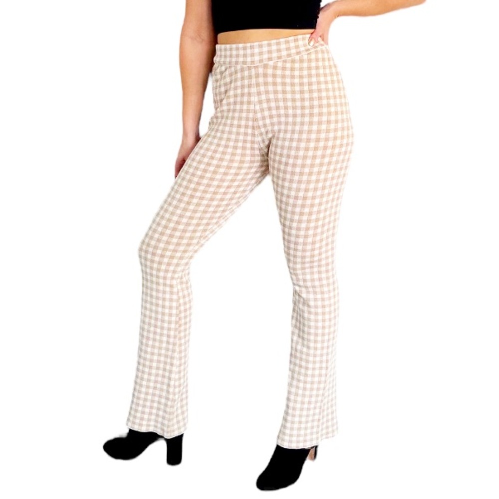 Miss Love tan beige plaid high rise knit stretch flare leg pants size small
